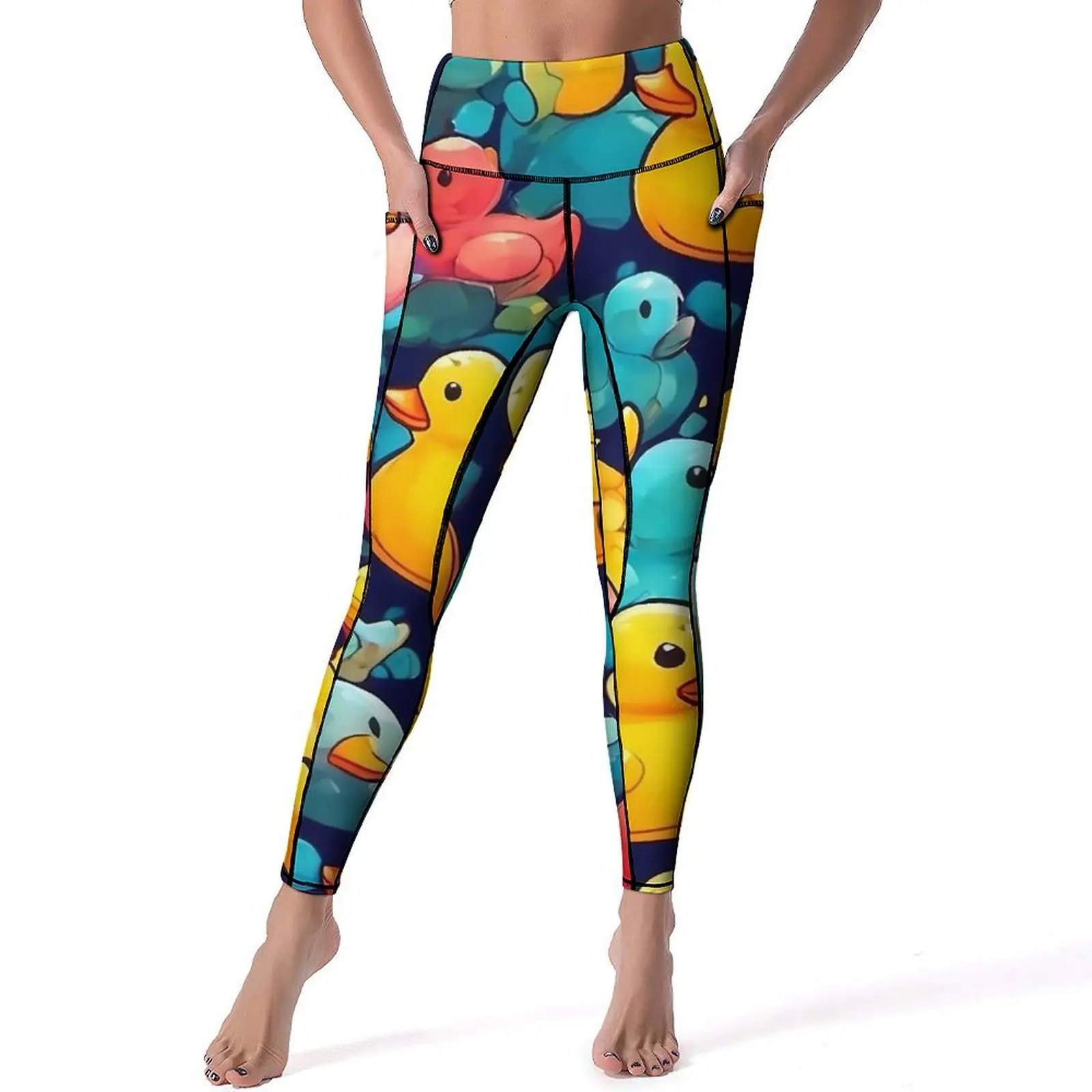 เป็ดยางLeggingsเซ็กซี่เป็ดการ์ตูนวิ่งกางเกงโยคะสูงเอวยืดกีฬาTightsกระเป๋าVINTAGE Design Leggins