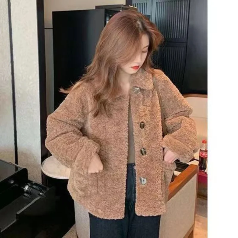 Women Autumn Winter Lamb Wool Faux Fur Thick Plush Warm Cardigan Button Overcoat Solid Loose Long-sleeved Casual Top Outerwear