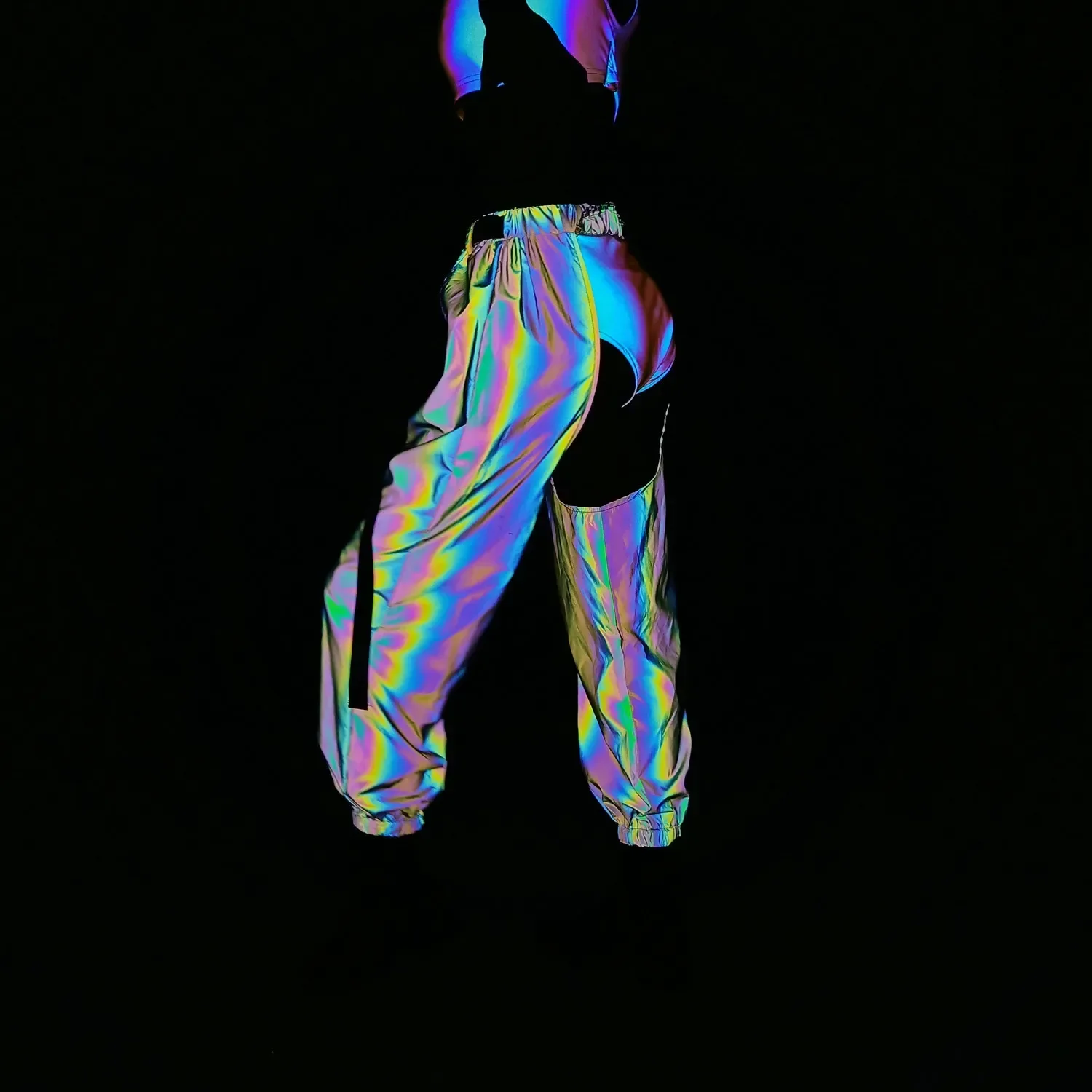 Holographic Reflective Pants Women Colorful Shiny Cargo Pants Hip Hop Streetwear Loose Fit Straight Trousers Rave Festival Outft