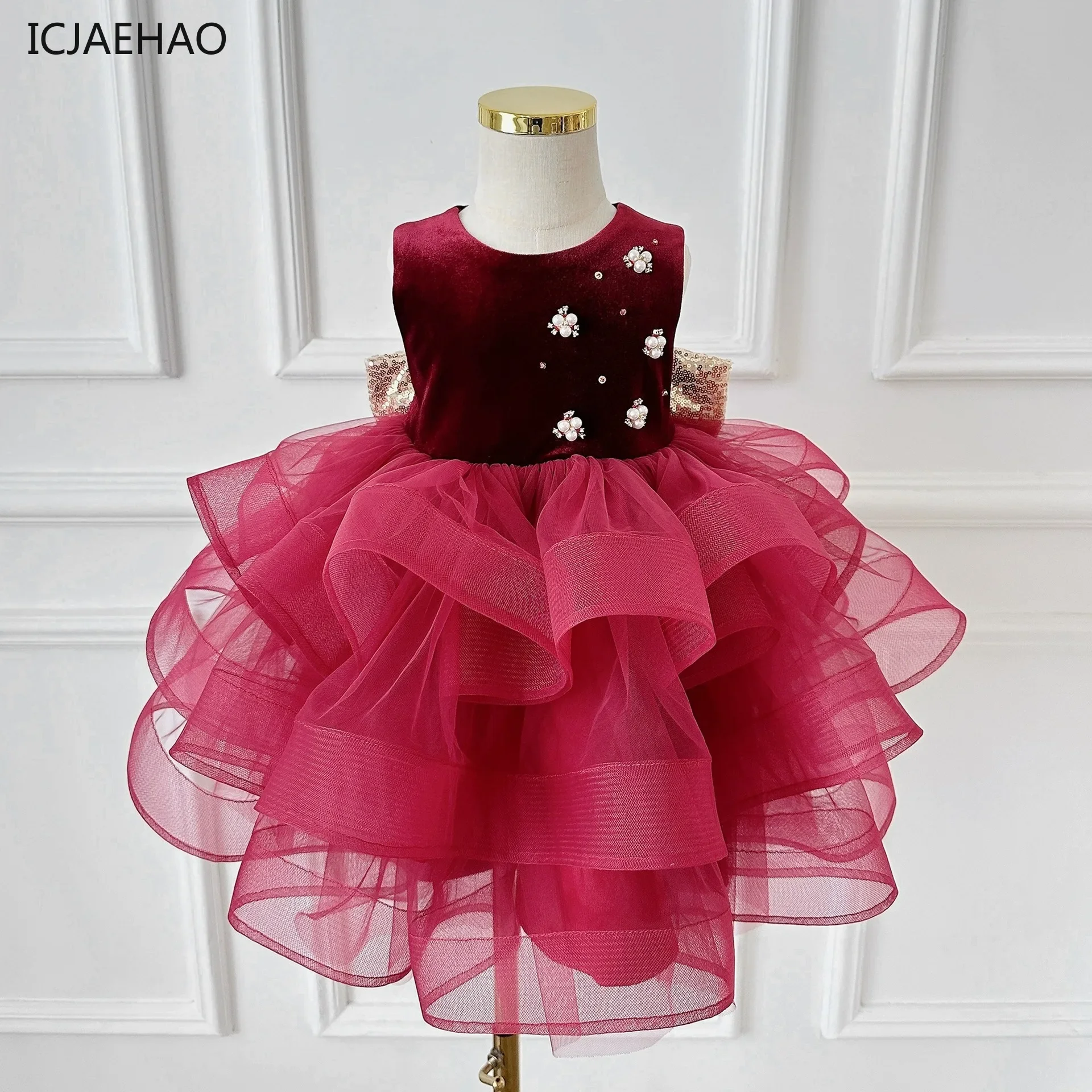 Girls Burgundy Velvet Lace Dress Short Sleeve Princess Tutu Party Dress Elegant Ball Gown for Birthday Wedding Special Occasions