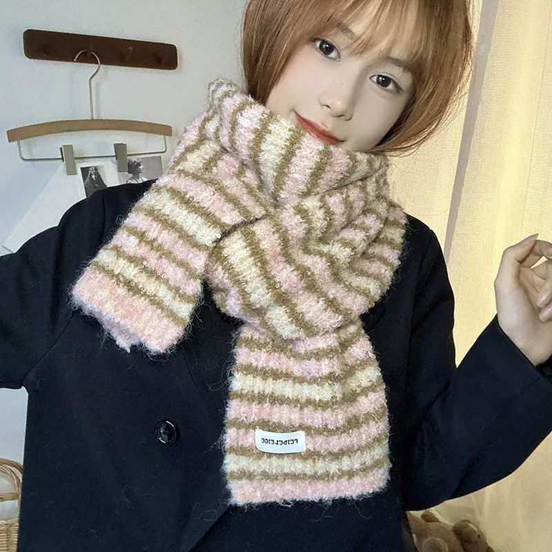 

Fashion Colorful Stripes Knit Acrylic Wool Blends Scarf Women Winter Soft Warm Neckerchief Lovers Gifts