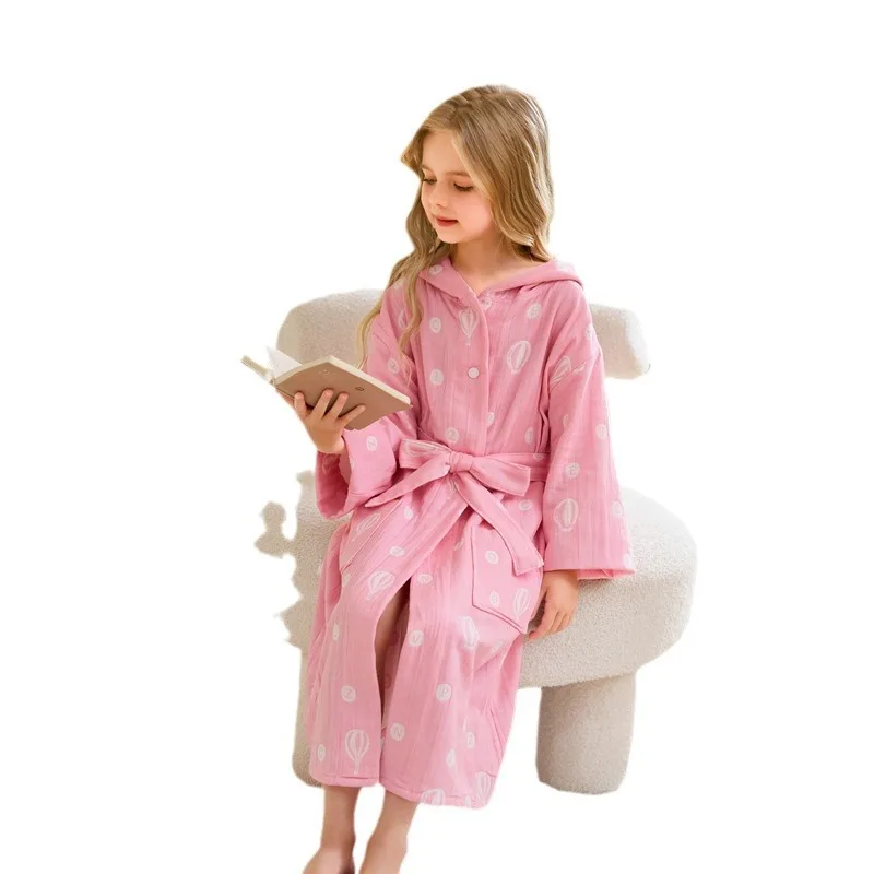 Kids 100% Cotton Double Layer Gauze Robe Cute New Children Bathrobe Sleepwear Boy&Girls Water Absorption Swimming Hooded Robes