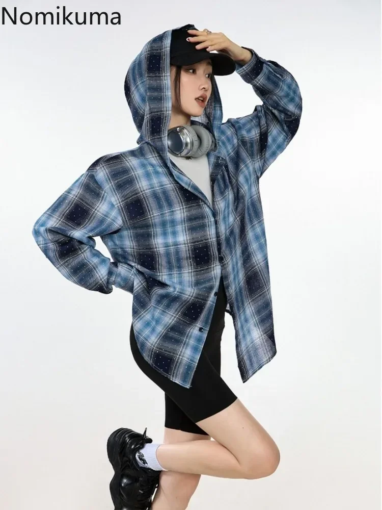 Hooded Shirts for Women Vintage Streetwear Blouses 2024 Camisas De Mujer Long Sleeve Fashion Tops Casual Korean Plaid Y2k Tops