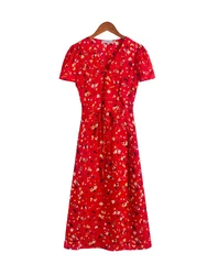 Summer Floral Print Red Dress Women Holiday Beach Short Sleeve V-neck Wrap Midi Split Dresses