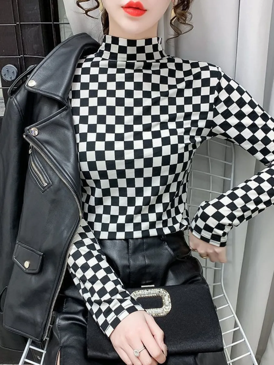 camiseta-a-cuadros-con-forro-polar-corte-ajustado-manga-larga-cuello-medio-alto-conjunto-de-dos-piezas-de-moda-para-mujer