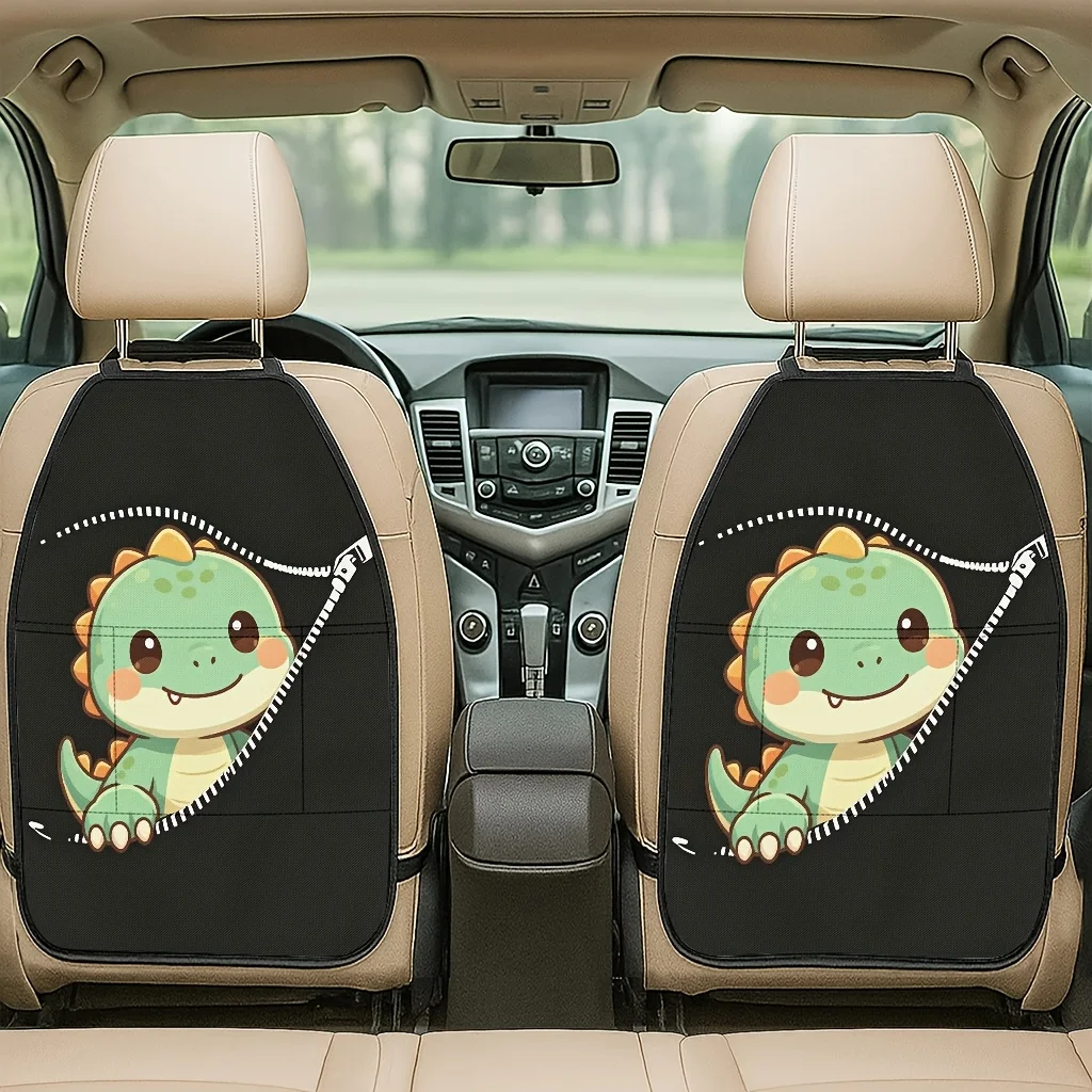 2pcs 2D Printed Car Seat Back Protector Pads Cute Little Dinosaur Peeking Zipper Cute Theme Pattern Printed Car Seat Back Protec