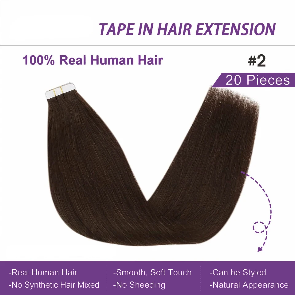 Extensiones de cabello humano tape-in liso natural color #2 marrón invisibles 100% cabello humano real 2