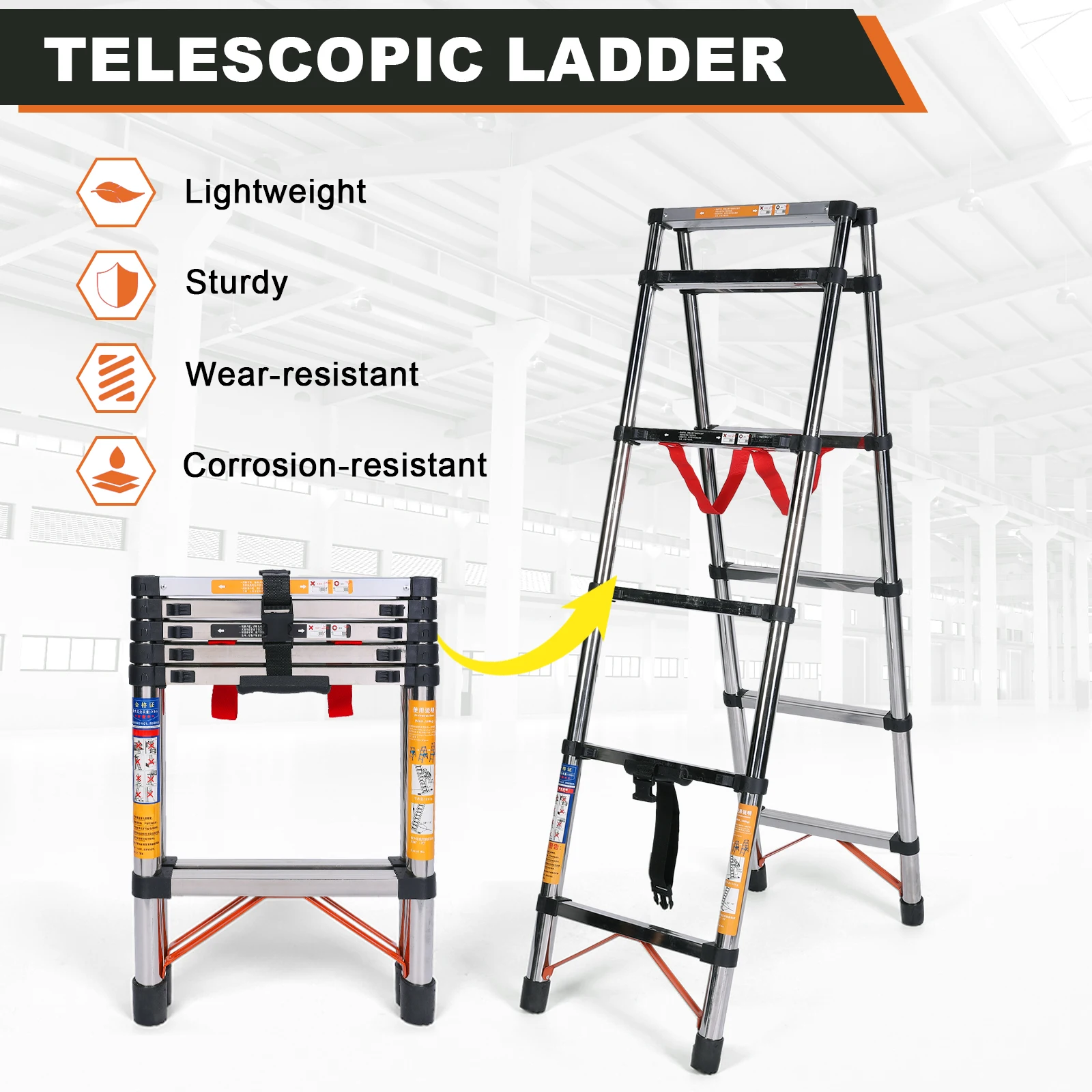 5 Step Telescopic Ladder Folding Step Stool Anti-Slip Pedals Heavy-Duty Steel Ladder Collapsible Ladder for Home RV Outdoor