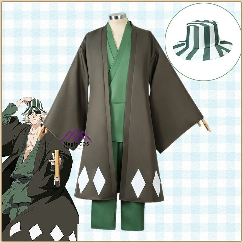 

Hot Anime Character Urahara Kisuke Cosplay Costume Green Kimono Set Full Set Hat High Quality Role Playing Clothes (Male)