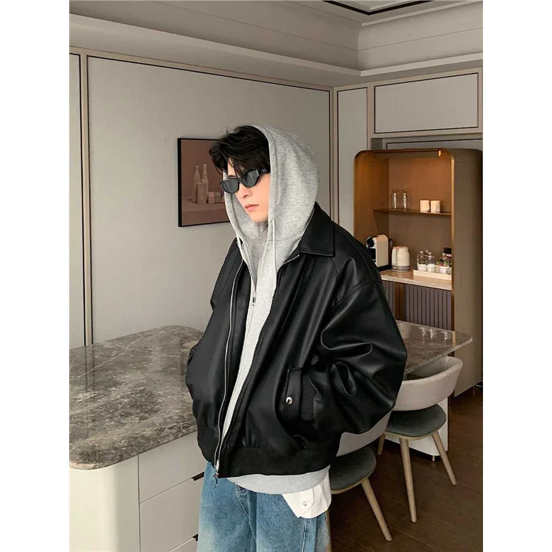 

Ретро-американская толстовка свободного кроя с вставками из искусственной кожи, унисекс, осенняя, модная, брендовая, мотоциклетная одежда, верхняя одежда