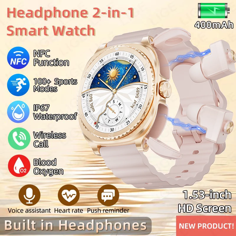 

LIGE Women Smart Watch Earbuds 2in1 TWS Smartwatches Men 1.53" Music Player Heart Rate Waterproof NFC Smartwatch for Android iOS