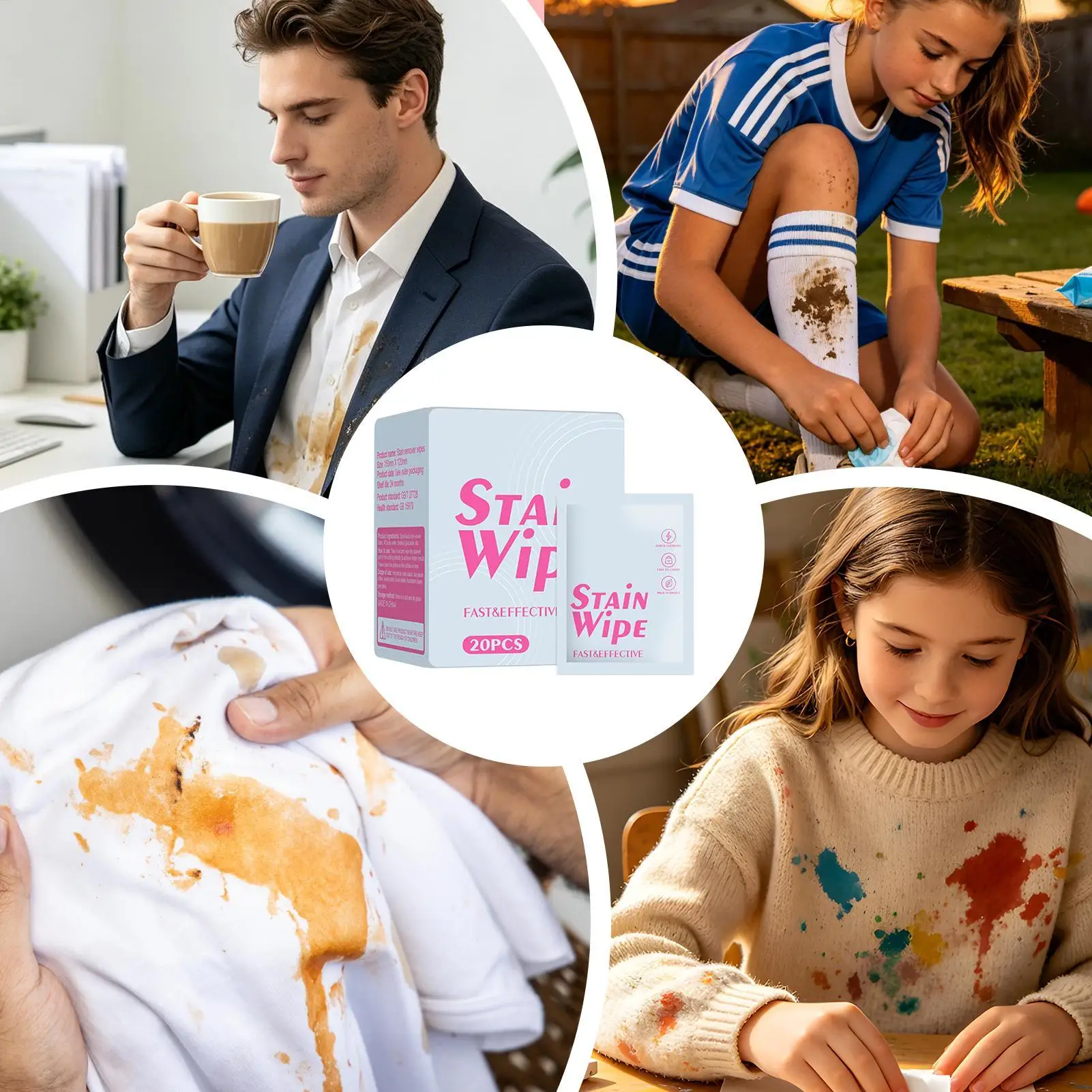 Stain Removal Wipes 20-pieces Individually Wrapped No Rinse Cleaning Sheets Laundry Wipes for Dryer Clothes Washing Sink Kitchen