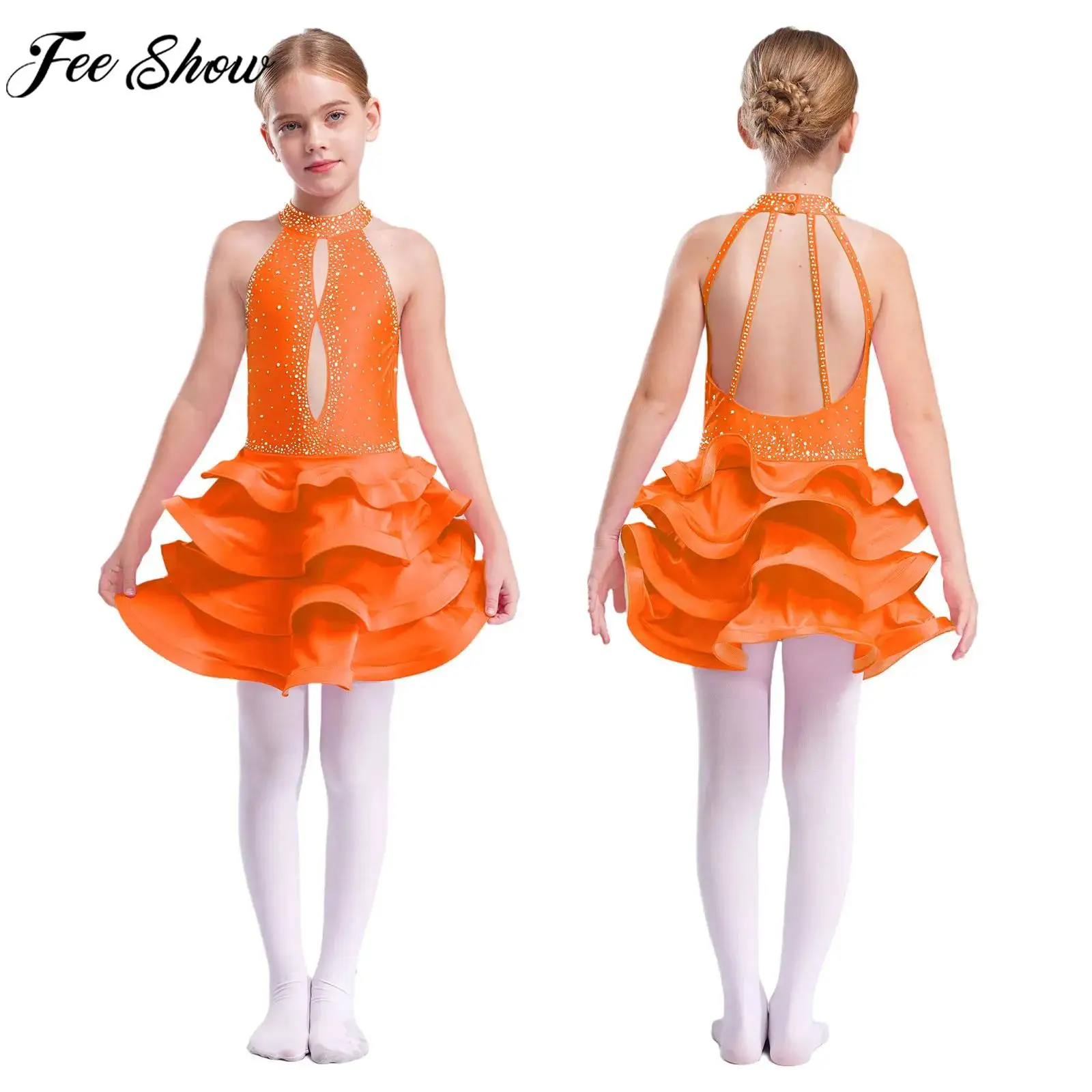 เด็กหญิงเต้นรําละติน Cha-cha Tango Samba Salsa เครื่องแต่งกายแขนกุด Rhinestones เงาตาข่ายฉัตร Leotard Tutu ชุด