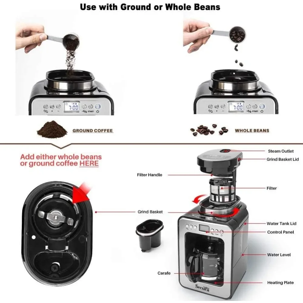 Programmable Grind and Brew Coffee Machine for use with Ground or Whole Beans, 17 oz Glass Carafe, Black (CM6686AT)