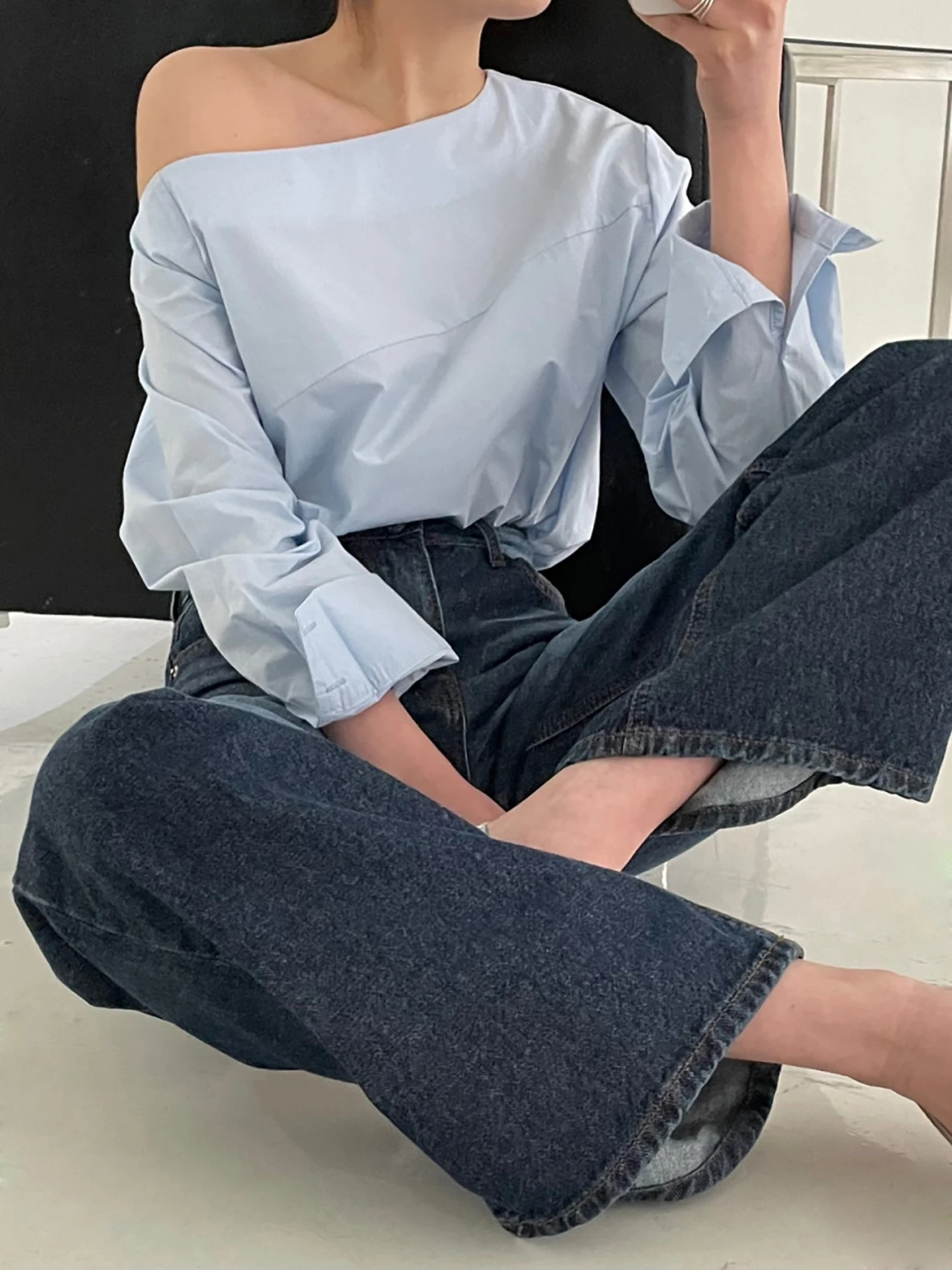 

Early Spring Long Sve Pure Color Commute irt Irregular Design Front Ba Two Wear Straight Cut French Sle Women irt