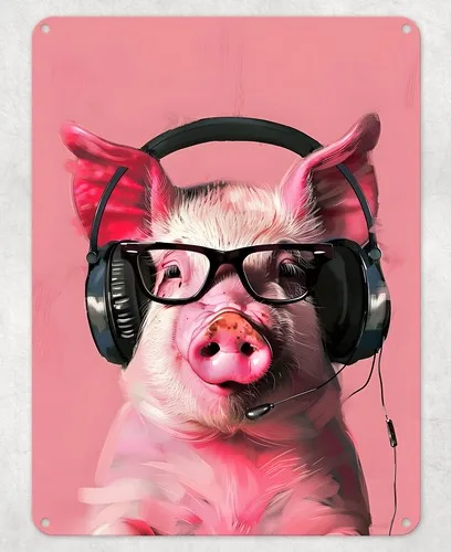 Pig in Headphones & Glasses Metal Poster Wall Tin Sign Man Cave Shed Home Plaque --Tin Sign