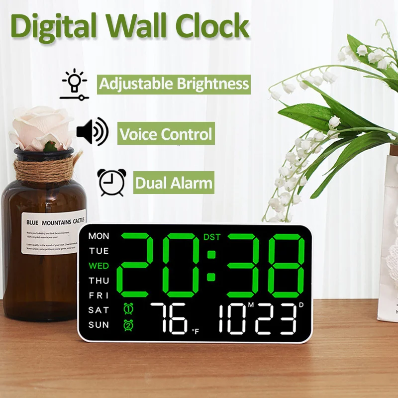 LED Digital Wall Clock Voice Control Alarm Clock 12/24H Date Week Temp Display Adjustable Brightness Table Clock Home Decoration