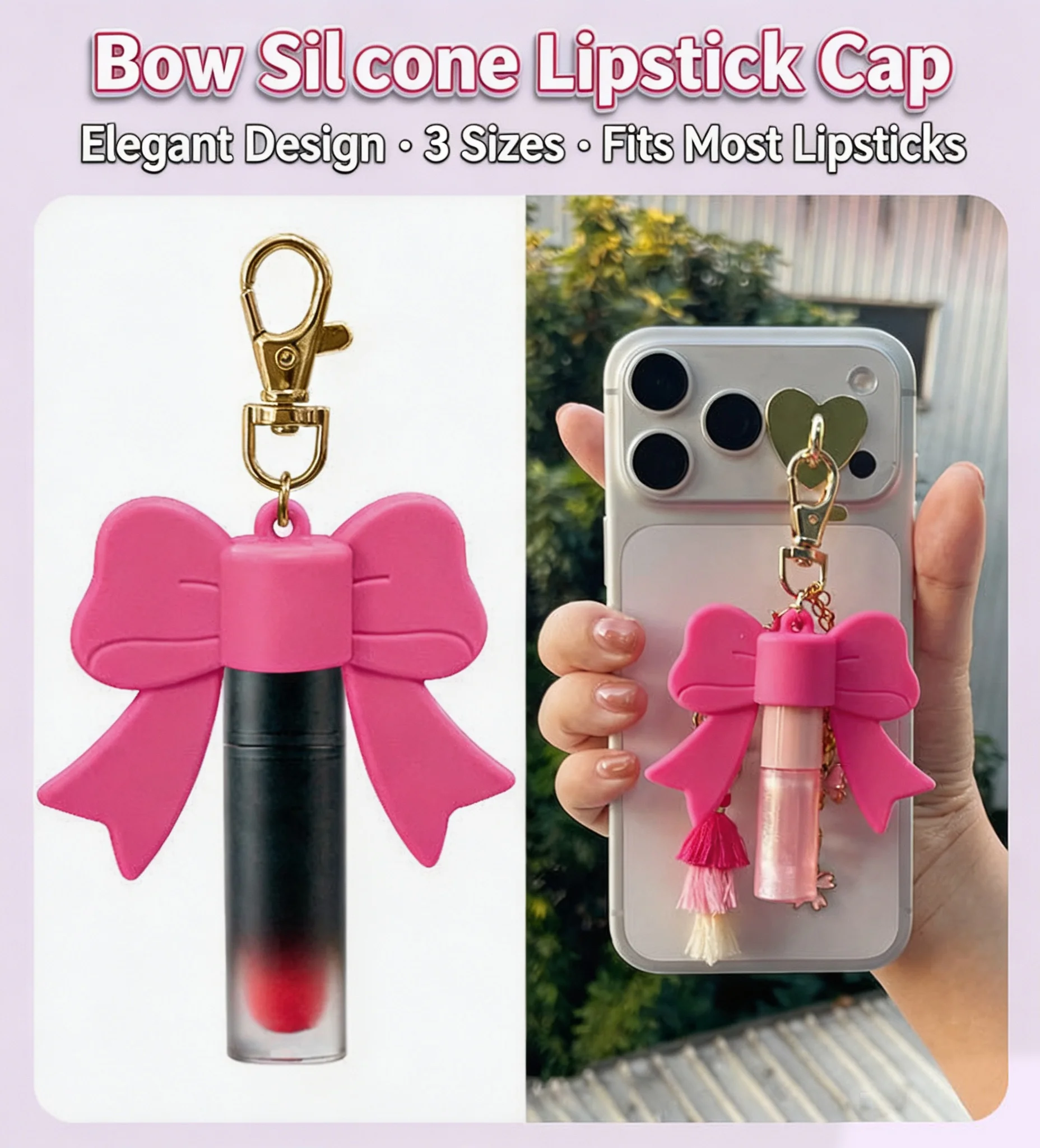 3 Size Silicone Bow Lip Gloss Holder Keychain, Elastic Lipstick Cap Portable Lip Balm Organizer Bag Charm for Women