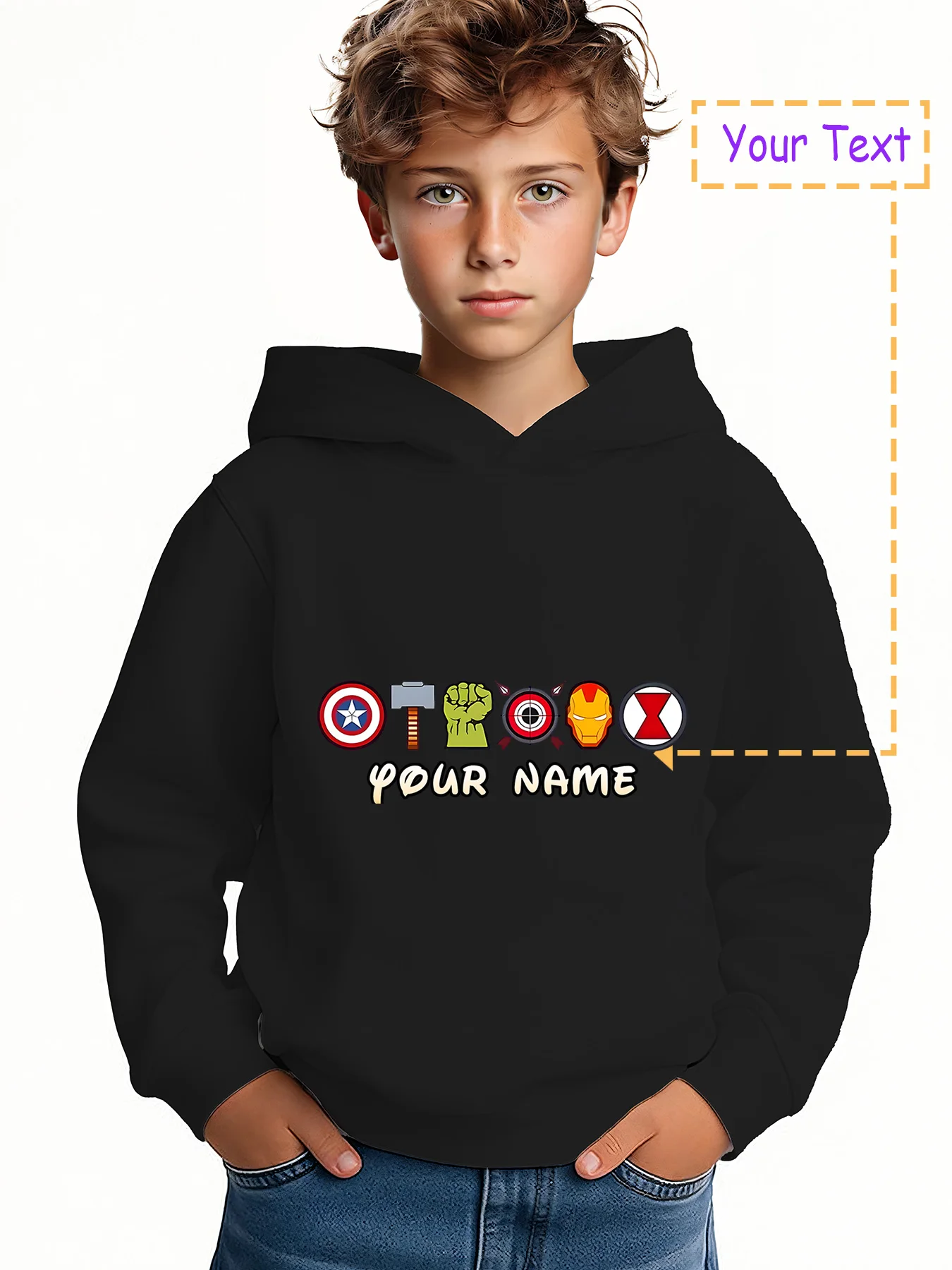 

MINISO Avengers logo hoodie - A collection of Captain America's shield, Thor's hammer and other logos, a must-have for Avengers