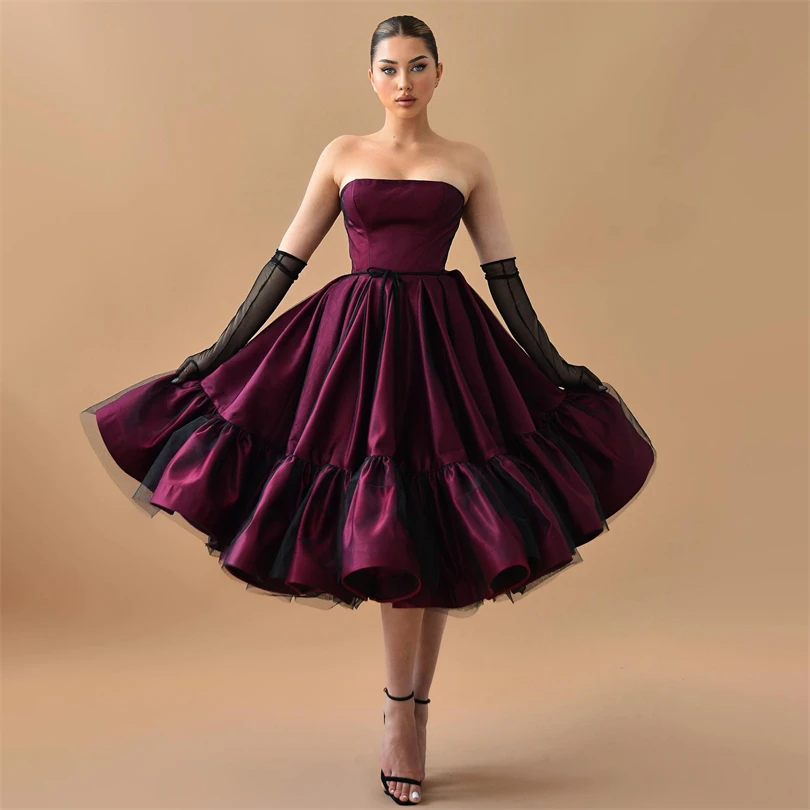 

Dark Red Formal Evening Dresses A-Line Off Shoulder Knee Length 2023 Prom Dress Backless Ruched Hem Bride Party Gowns NO Gloves