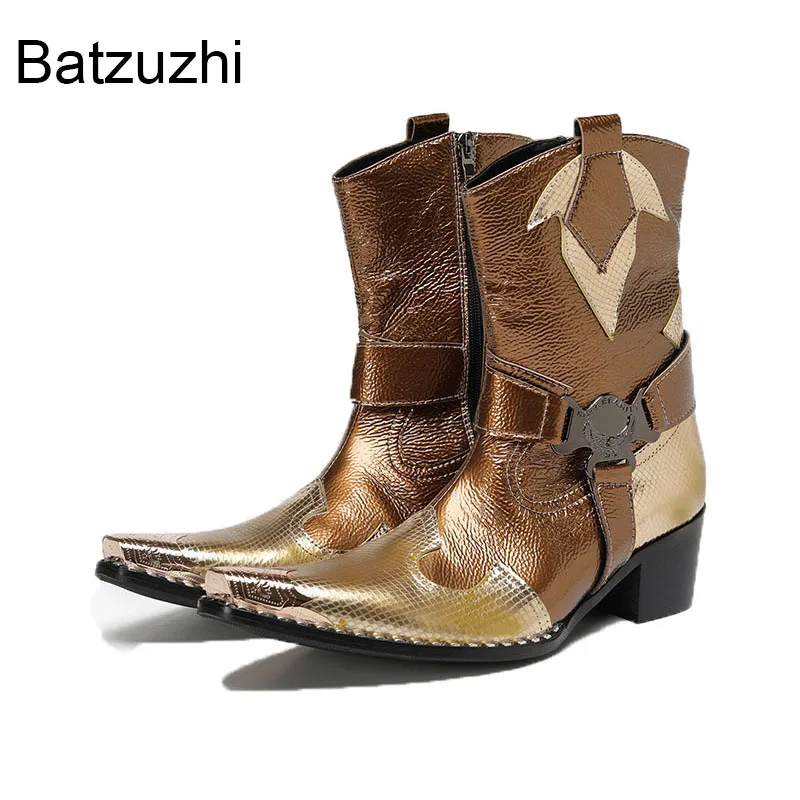 

Batzuzhi Gold Mid-calf Leather Boots Man Iron Toe Zip Western Cowboy Golden Boots Man Motrocycle Botas 6.5cm Heels! Big Sizes 46