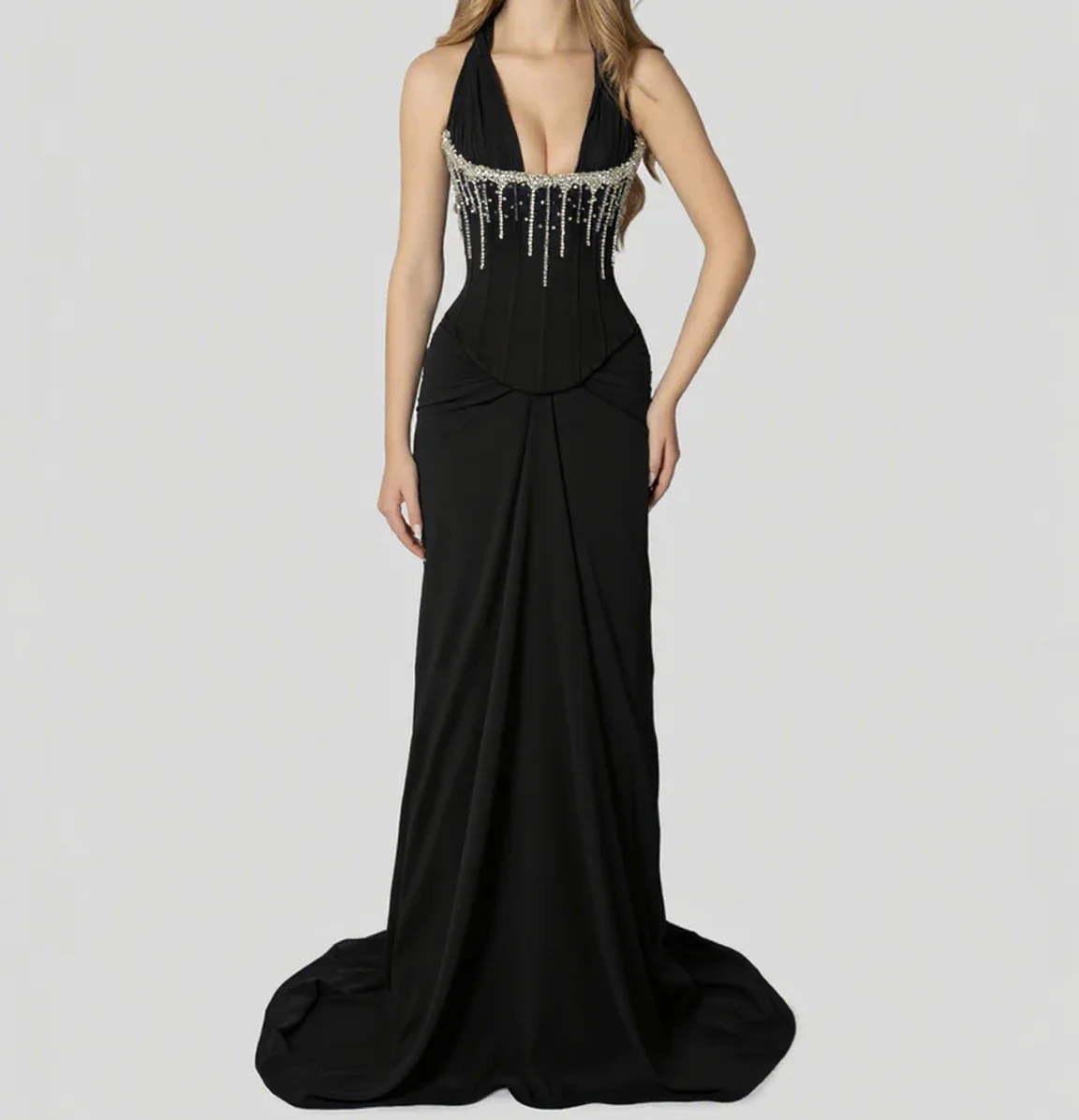 

Luxury Black Prom Dress V-Neck Sleeveless Floor Length Corset Draped Dress Customized