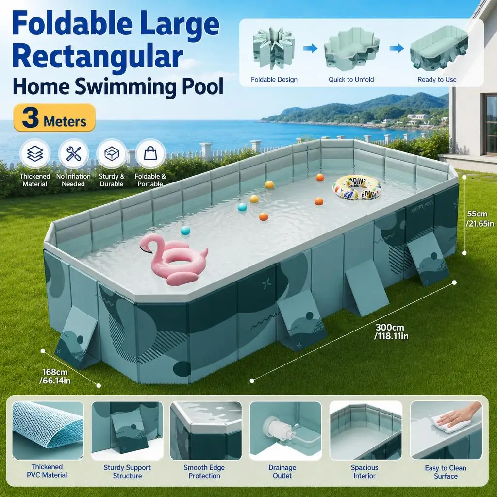 Piscina Pieghevole Grande per Casa, Piscine Rettangolari da 3m, Vasca da Bagno per Famiglia, Giardino, Cortile, Bambini, Adulti, Feste Estive in Acqua