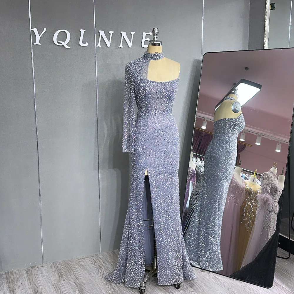 YQLNNE Unique One Shoulder Slit Evening Dress Smoky Blue High Collar Rhinestones Beaded Tulle Mermaid Prom Gown Pageant