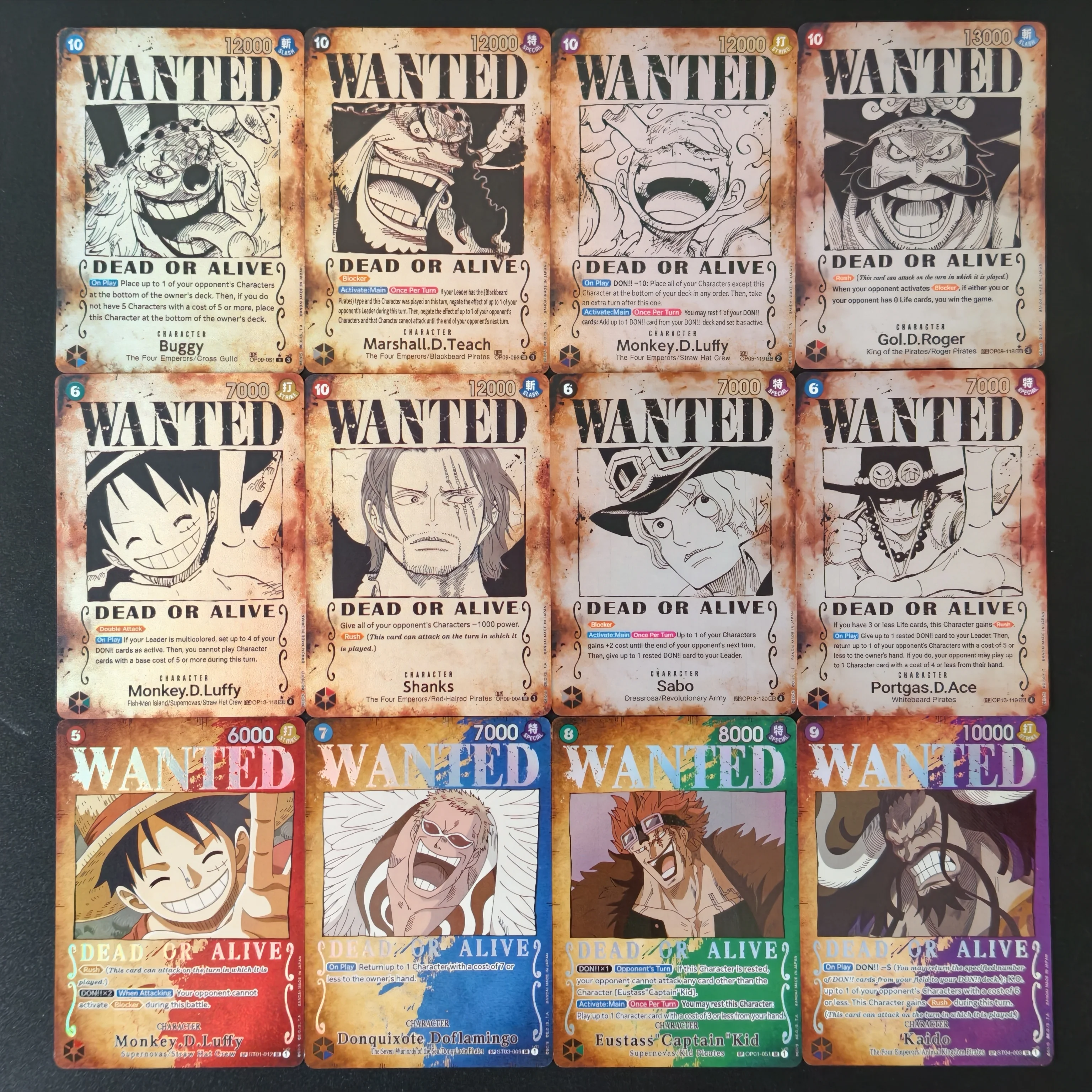 12Pcs Hot One Piece WANTED Collectible Card TCG Luffy Ace Sabo Shanks Roger Kaido Kid Teach Buggy DIY Holo TCG Anime Game Cards