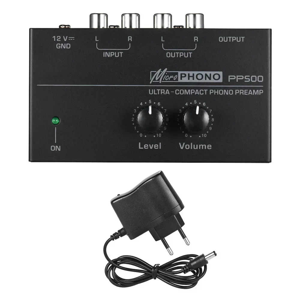 PP500 Phono Preamplifier com borracha preta, Turntable Amplificador, Saída RCA, Pré-amplificador de baixo ruído, Ultra Compact