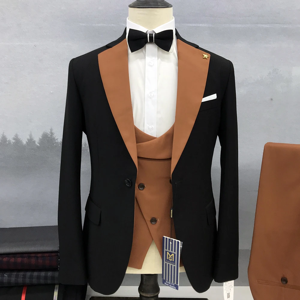 

2023 Fashion New Men Custom Suit Boutique Business Slim Fit Orange Lapel 3 Piece Wedding Bridegroom Party Jacket Vest Pants