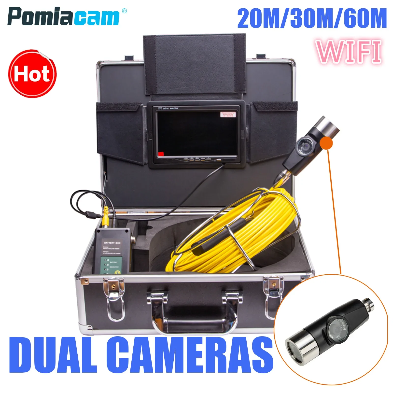 

WP70E Exclusive Design Dual Camera Lens Drain Sewer Pipeline Industrial Endoscope Pipe Inspection Video Camera with WIFI