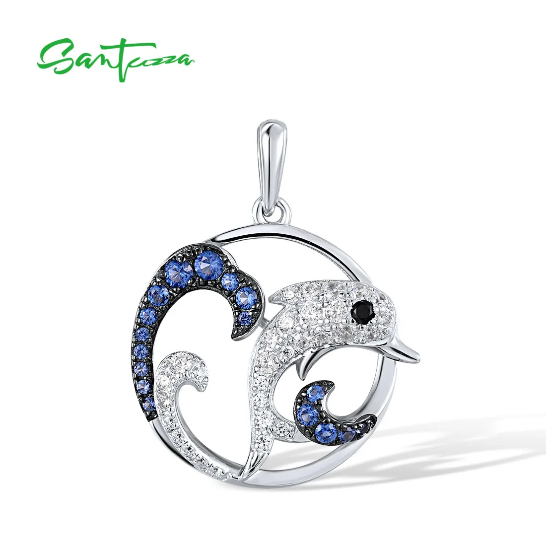 SANTUZZA 925 Sterling Silver Pendant For Women Sparkling Black Spinel Blue White CZ Dolphin Delicate Chic Ocean Fine Jewelry