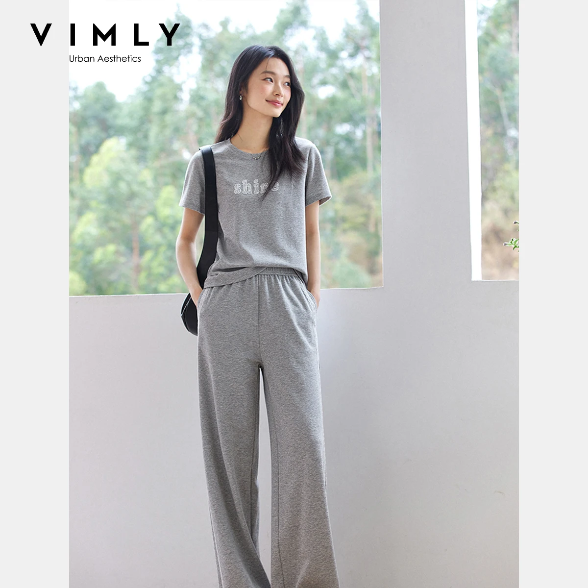 

VIMLY Casual T-shirt Pant Set 2025 2 Piece Women's Suit Summer Outfits 2025 Short Sleeve Tops Lace Splicing Wide Leg Pants A1688