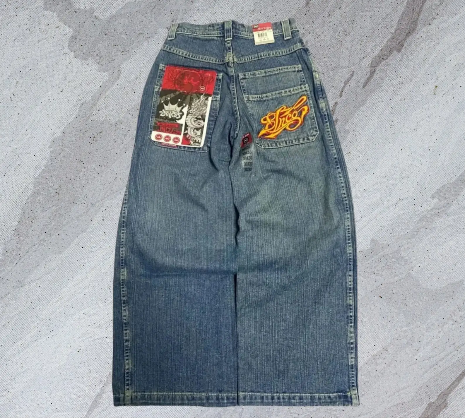 Hip Hop Retro Harajuku Street JNCO Jeans saku bordir Denim longgar celana kaki lebar pria mode baru celana lurus pinggang tinggi