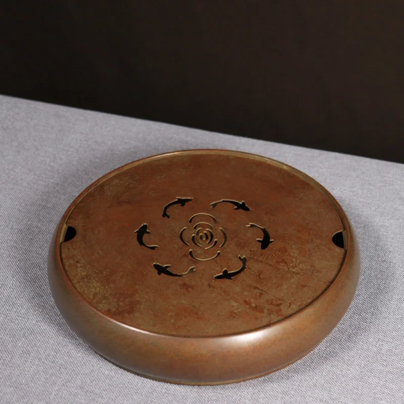 Brass tray, JianShui washer, pure copper household set, tea ceremony accessories, crane, koi, lotus, vintage high-en