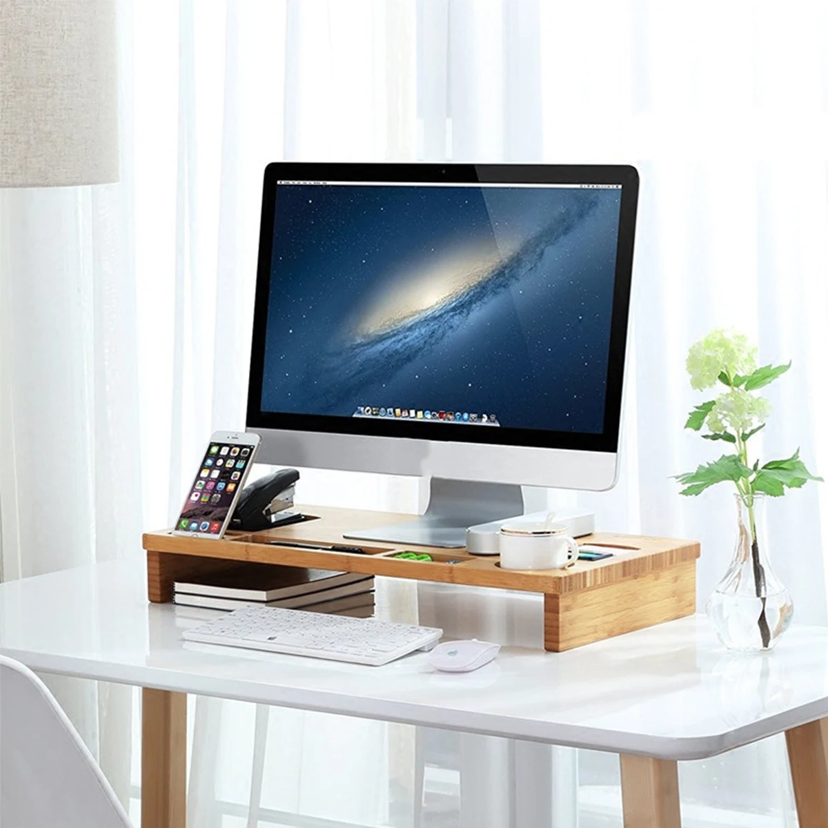 Bamboo Monitor Stand, Computer Desk Organizer, Screen Elevation Holder