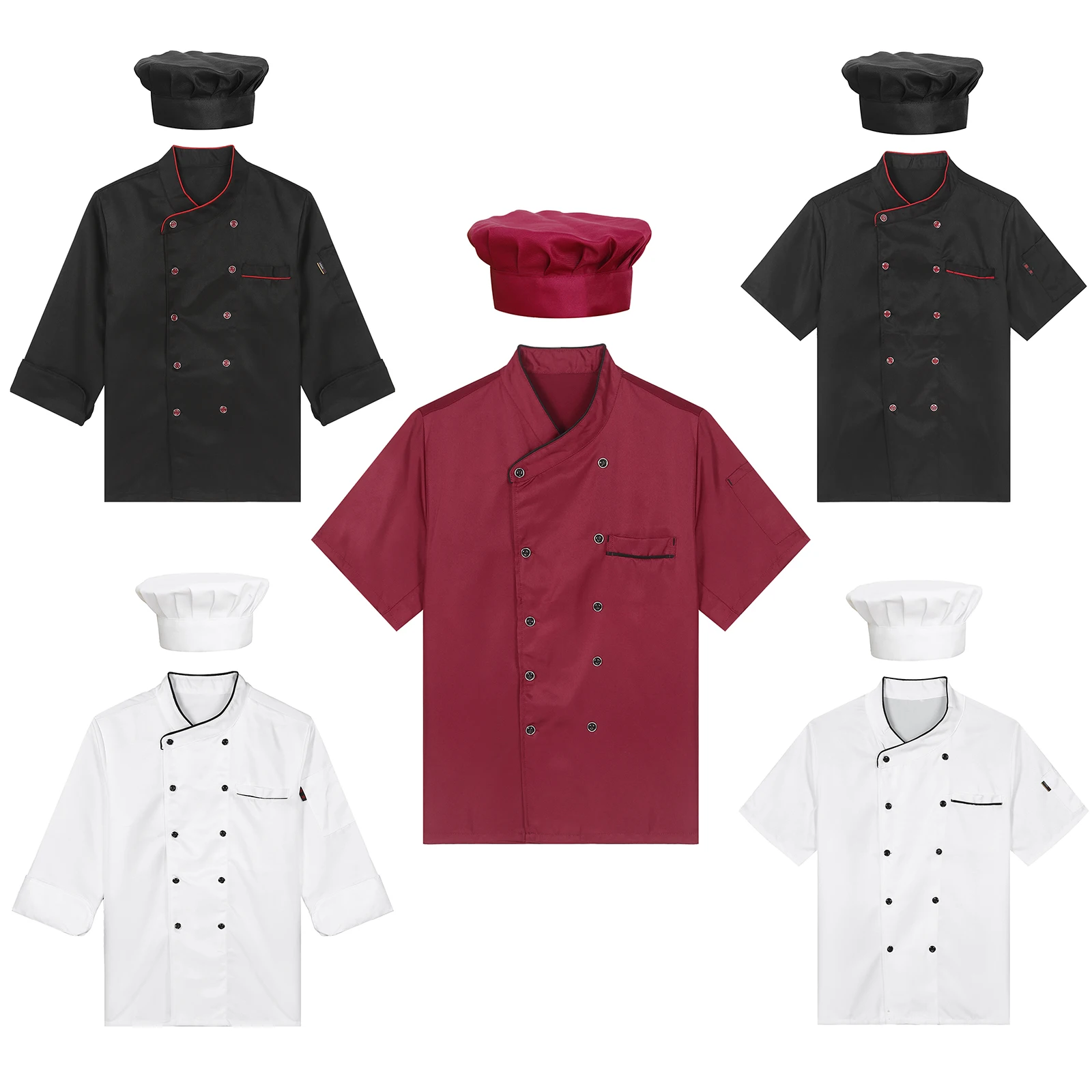 Women Men Chef Uniform Kitchen Restaurant Hotel Canteen Work Jacket Waiter Baker Coat Top Baking Catering Cooking Shirt with Hat