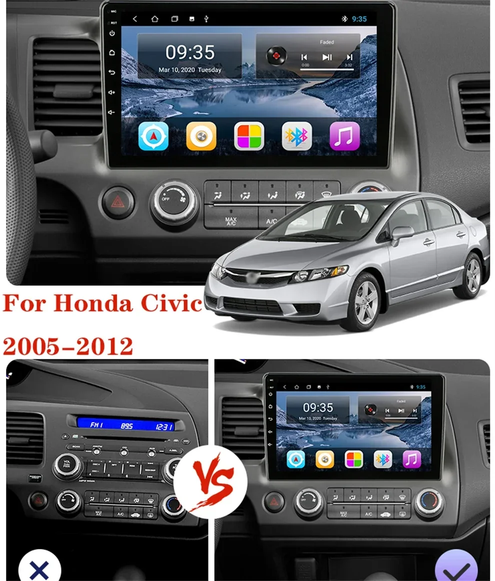 Autoradio Android 13 pour Honda Civic, 8 Go + 128 Go, 2005, 2009, 2010, 2011, Limitation, Lecteur vidéo, Navigation GPS, BT, DSP, RDS, Stéréo