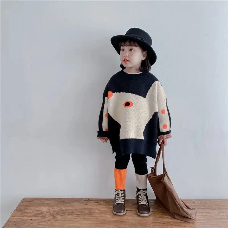 1-10 Years Kids Knitted Cartton Sweaters for Girls Loose Patchwork O Neck Christmas Sweater Toddler Baby Pullover Sweater Coat