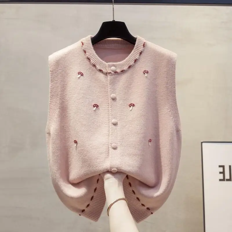 

Корейский вязаный жилет с вышивкой, осенне-зимний кардиган, жилет для женщин, милый, свежий, свободный и универсальный свитер, новый стиль