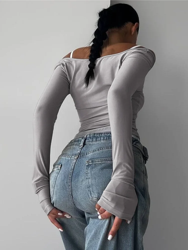 المرأة متماسكة بلايز قبالة الكتف سترة ضئيلة الجرافيك طباعة كم طويل تريكو ربيع الخريف Y2K الجمالية الشارع الشهير الخصر حتى مثير