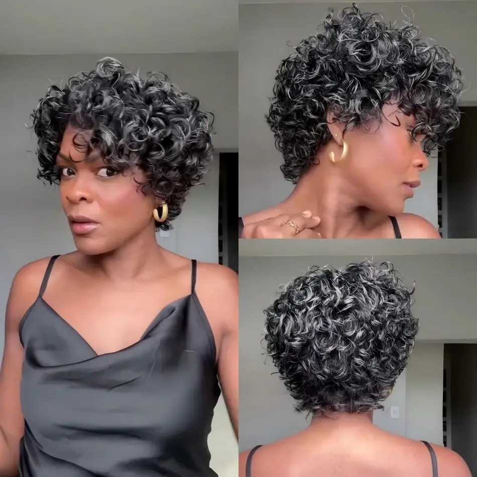 

Bob Wig Human Hair 100% Salt & Pepper Voluminous Short Cut Curly Put On & Go Full Machine Made Glueless Brazilian Wigs On Sale