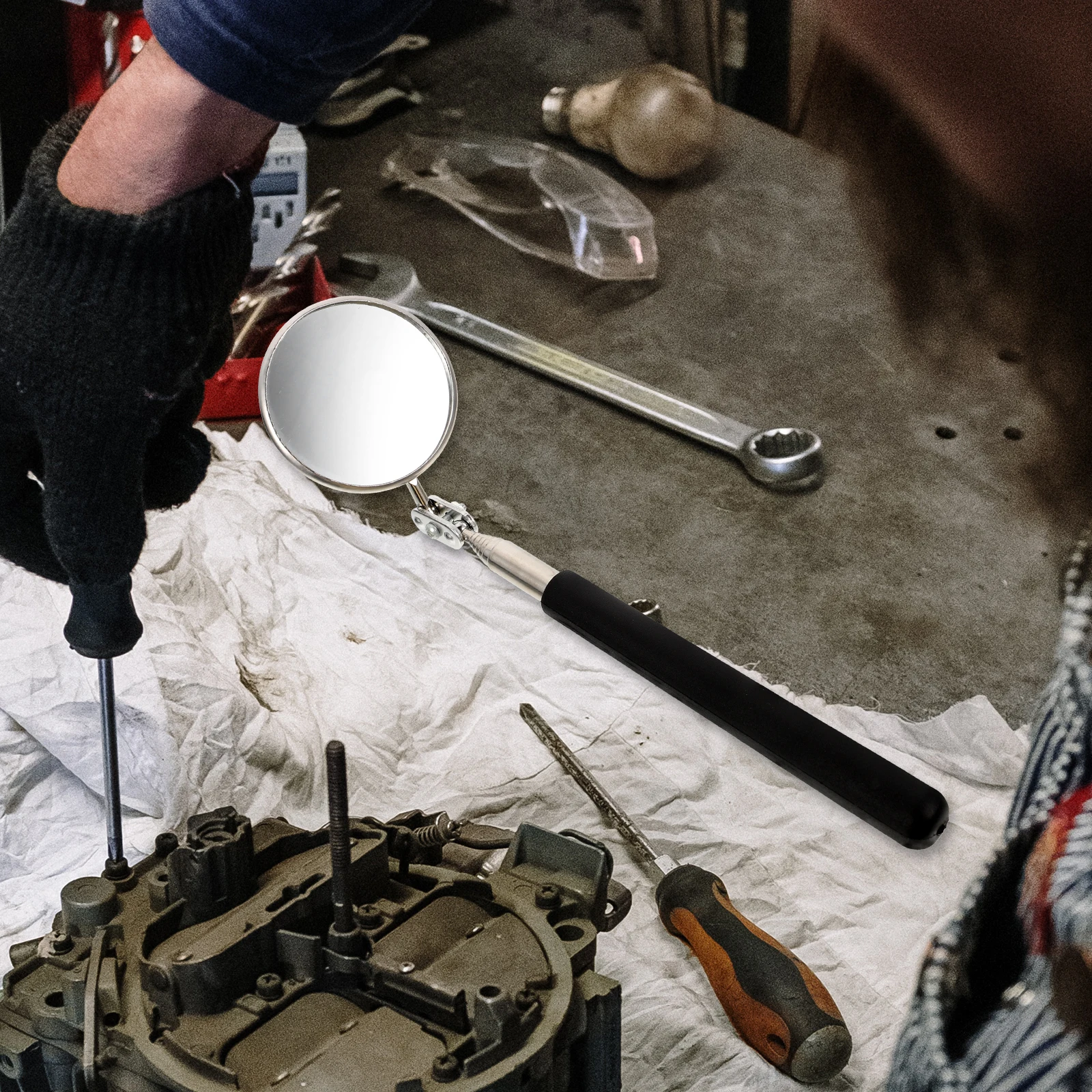 4pcs Telescoping Lighted Inspection Mirror Compact Metal Frame Pocket Clip Adjustable Extendable Mechanic Tool For Vehicle Auto