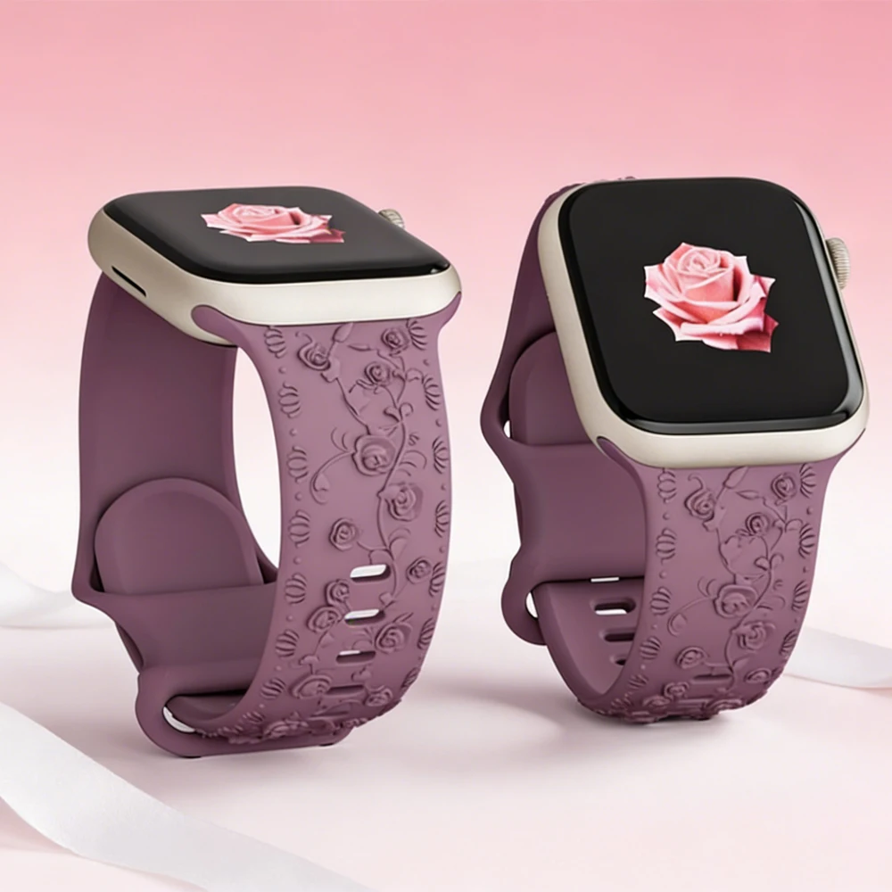 Strap for Apple watch Band 44 42 45 40 41 46 49 mm Rose Floral Engraved bracelet correa iWatch Series 4 5 6 7 8 9 10 11 SE Ultra