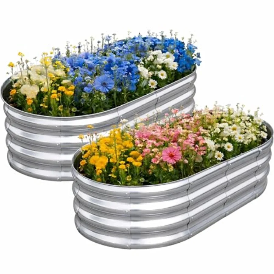 

Galvanized Raised Garden Bed for Outdoor: 4XXft Durable Metal Vegetable Plant Container Kit - Oval Planter Box for Gardening Fl