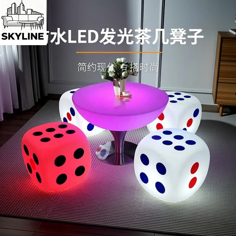Factory Waterproof LED Luminous Cube Stool & Round Bar Table Set, Outdoor KTV High Table Furniture