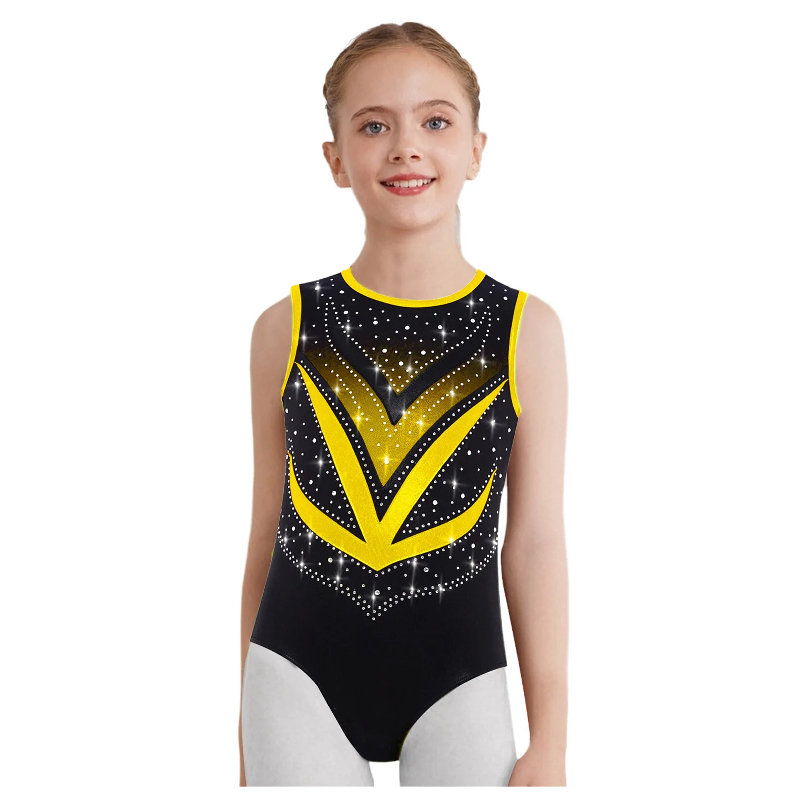 Kinderen Meisjes Kunstschaatsen Contrast Kleur Metallic Turnpakje Set Glanzende Steentjes met Shorts Haarband voor Acrobatiek Toneelshows