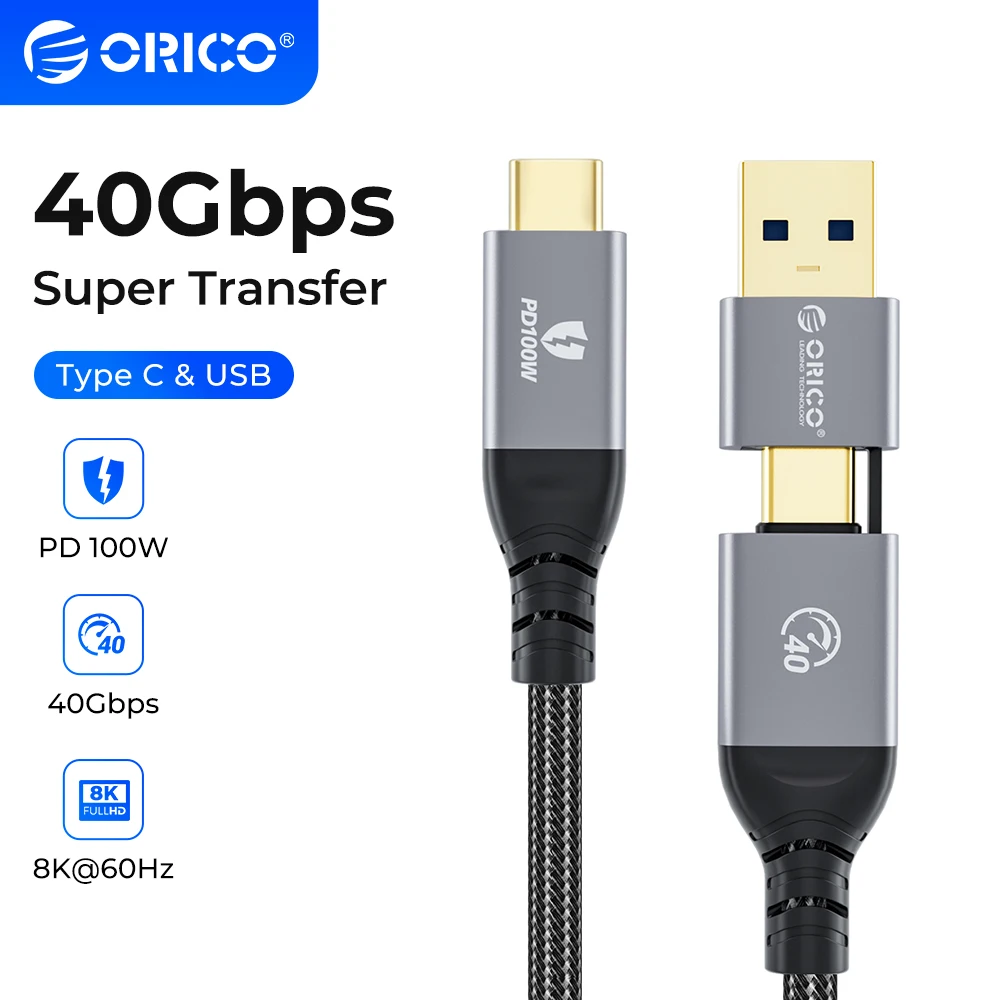 ORICO 2 In 1 40Gbps USB C Fast Charger Cord 8K @60Hz HD USB 3.0 to USB C Cable for Macbook Thunderbolt 4 PS4 Cable PD100W