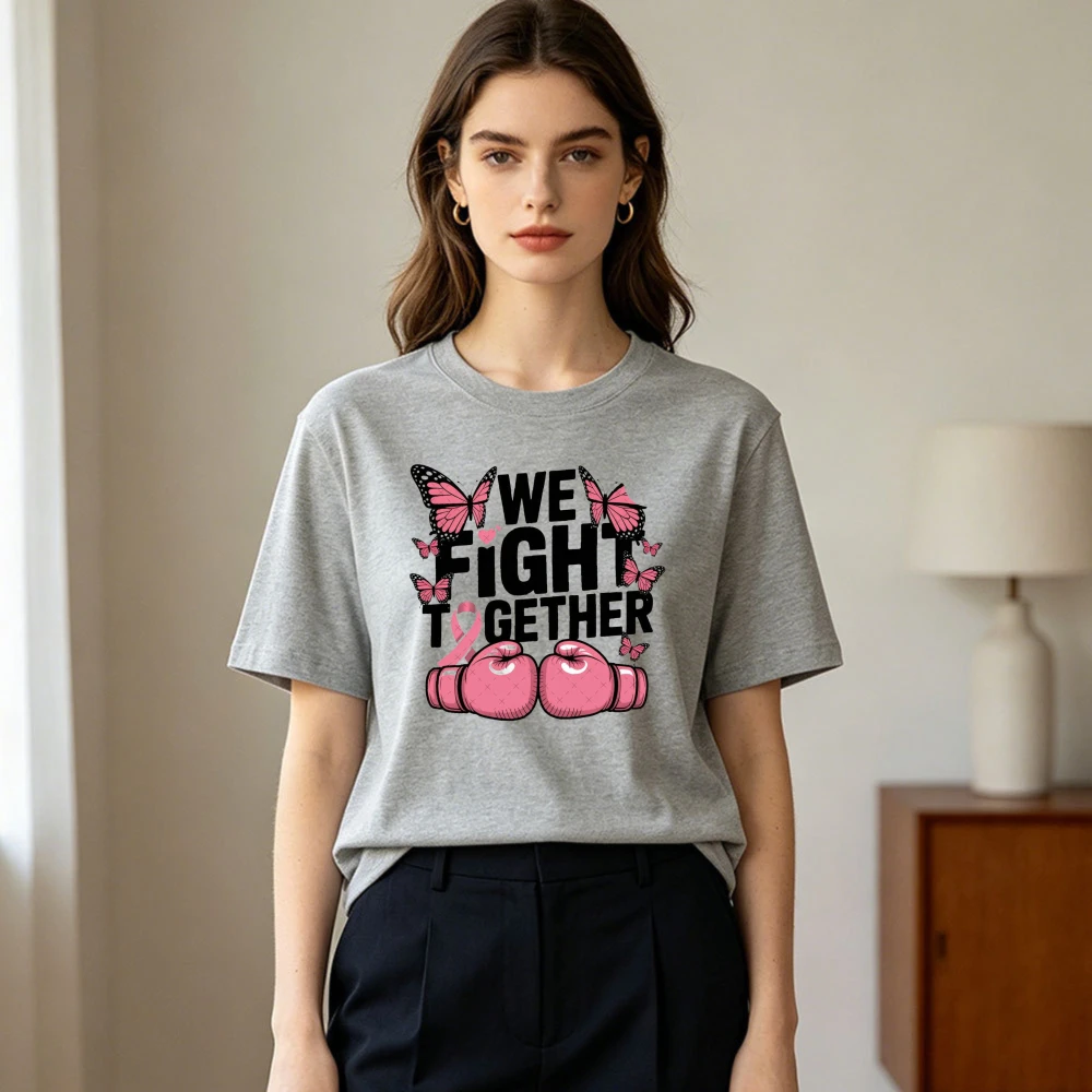 We Fight Together Butterfly Boxing Glove Pink Ribbon Graphic Women Summer Cotton T Shirt Breast Cancer Support Team  Apparel